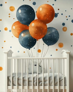 Greeting card, baby crib and congratulation balloons. Selective soft focus.