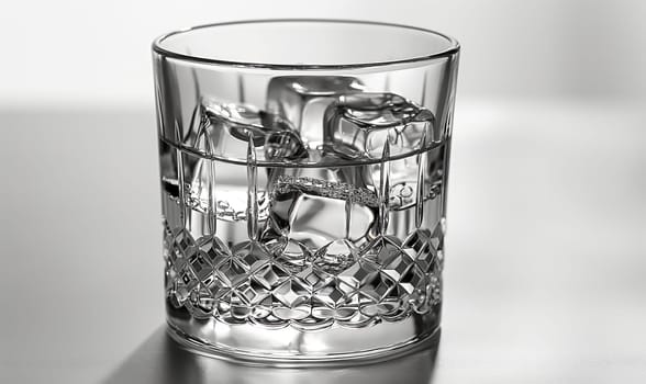 Transparent glass with clear drink and ice cubes. Selective soft focus.