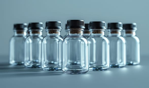 Empty transparent bottles with caps on a blue background. Selective soft focus.