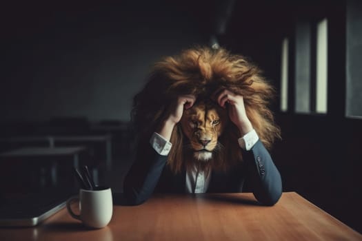 Sad business lion corporate. Person model. Generate Ai