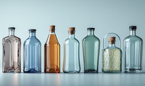 Empty transparent bottles with caps on a blue background. Selective soft focus.