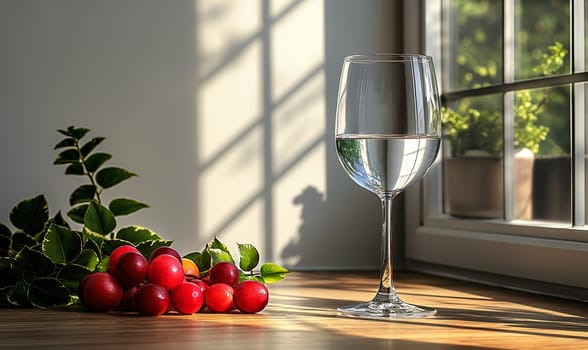 Transparent glass with a transparent drink on the table. Selective soft focus.