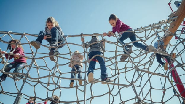 A group of young girls enjoying leisure time on a playground, having fun under the sky and sharing moments of art and recreation in the city. AIG41