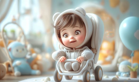 Illustration of a child sitting in a stroller in a room. Selective soft focus.