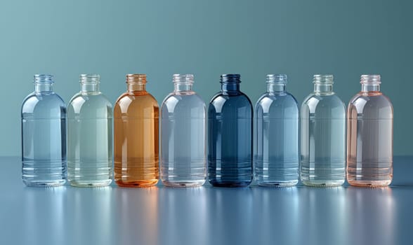 Empty transparent bottles without caps on a blue background. Selective soft focus.