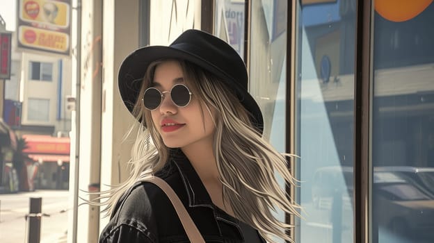 A cool woman with sunglasses and a hat waiting at a bus stop, ensuring her vision care with stylish eyewear. AIG41