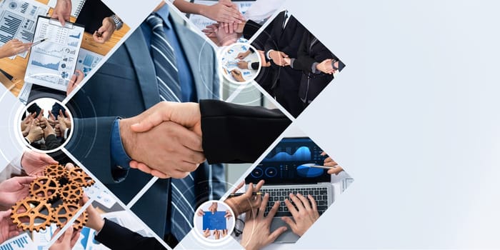 Teamwork and human resources HR management technology concept in corporate business with people group networking to support partnership, trust, teamwork and unity of coworkers in office kudos