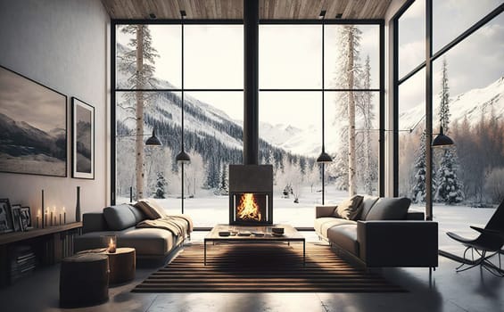 Modern black interior with cozy blanket and firewood on metal stand on background of big windows with view on mountains. Cozy warm and calm moments in chalet at cold season.