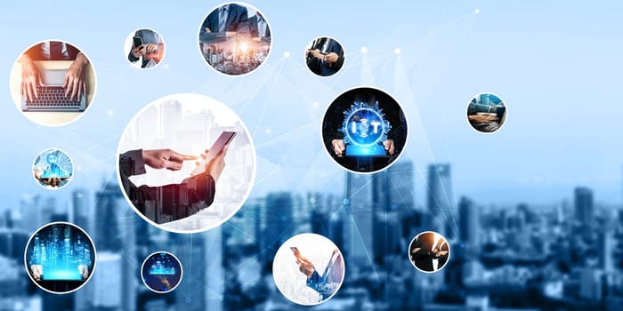 Communication technology , smart connection IOT and people network technology concept. People using connective device to connect to the secured internet network and cloud computing server kudos