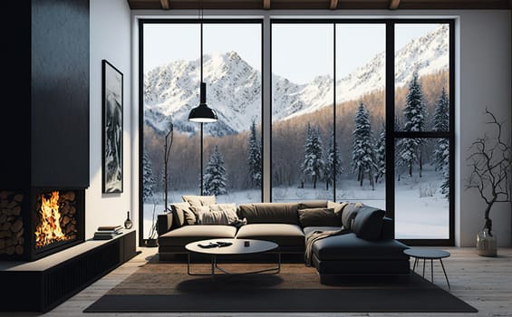 Modern black interior with cozy blanket and firewood on metal stand on background of big windows with view on mountains. Cozy warm and calm moments in chalet at cold season.