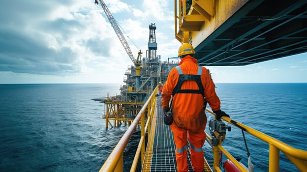 A man travels across the water, on a bridge connecting the oil rig to the boat, under a sky filled with clouds and naval architecture. AIG41