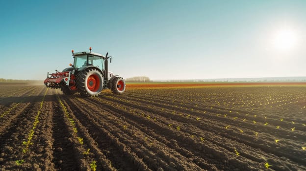 A modern tractor plows through an expansive agricultural field, preparing the soil for a new planting season under a clear sky. AIG41