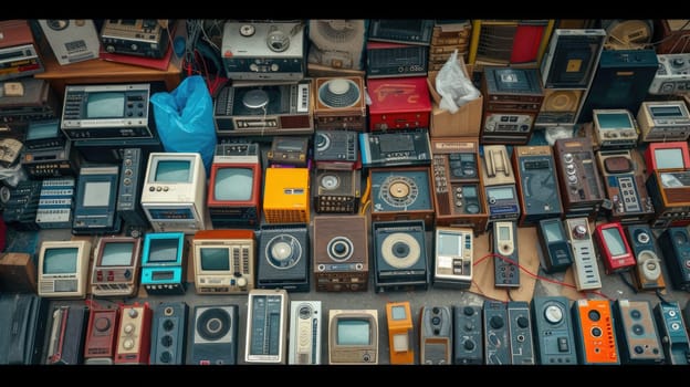 A diverse collection of vintage radios and TVs are displayed on a metal table in a room, sharing the history of engineering and science in the city's building and machine events. AIG41