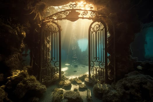 Underwater gates. Tropical blue cave. Generate Ai