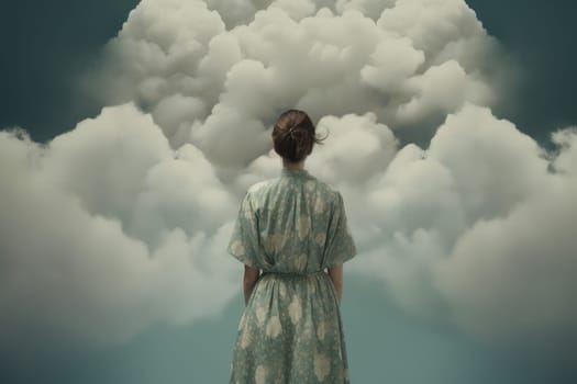 Woman view cloud. Dream happy concept. Fictional person. Generate Ai