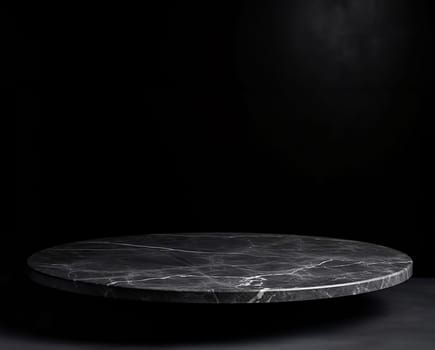 Empty round marble podium on black platform with black background for product display.