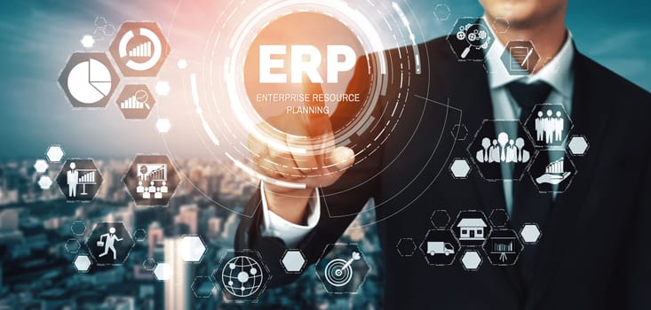 Enterprise Resource Management ERP software system for business resources plan presented in modern graphic interface showing future technology to manage company enterprise resource. uds