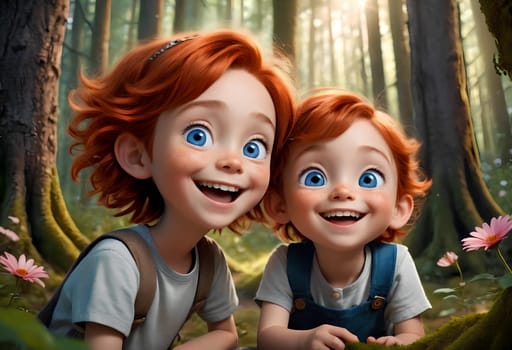 Happy children walk through a beautiful forest and laugh. AI generated image.