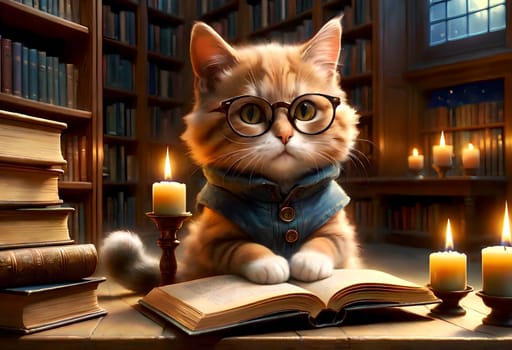 A smart cat with glasses reads a book in the evening in the library, a quiet evening by candlelight. AI generated image.