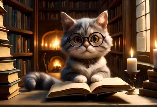 A smart cat with glasses reads a book in the evening in the library, a quiet evening by candlelight. AI generated image.