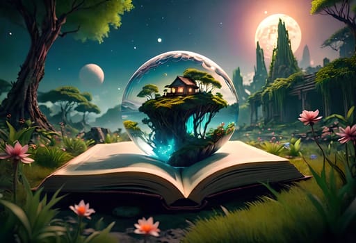 an open book on a path in a beautiful park against the backdrop of a fantastic universe. AI generated image.