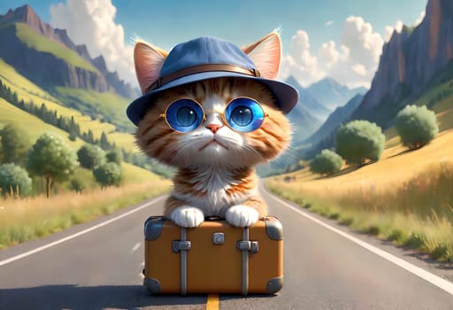 A beautiful young cat with suitcases stands on the road, the cat is a traveler. AI generated image.