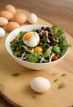 spring salad with lettuce, mushrooms, egg,cheese, herbs and other vegetables in a bowl. AI generated image.