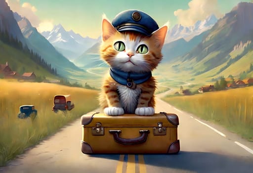 A beautiful young cat with suitcases stands on the road, the cat is a traveler. AI generated image.