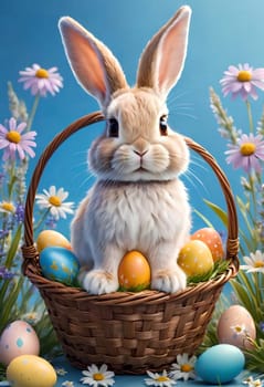 White bunny with Easter eggs in nature. AI generated image.