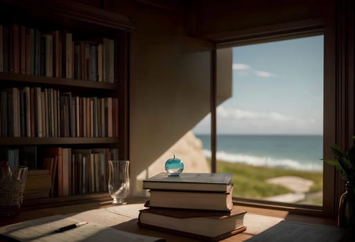 books on the table near the window in the home library. AI generated image.