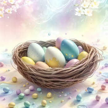 Easter card with painted colored eggs. Abstract background. AI generated image.