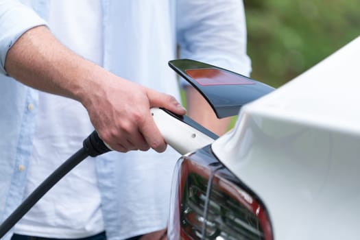 Closeup hand insert and EV charger to recharge EV car's battery from charging station. Alternative energy utilized for transportation with environmental friendly for future sustainability. Synchronos