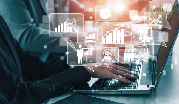 Data Analysis for Business and Finance Concept. interface showing future computer technology of profit analytic, online marketing research and information report for digital business strategy. uds