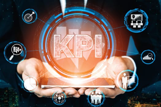 KPI Key Performance Indicator for Business Concept - Modern graphic interface showing symbols of job target evaluation and analytical numbers for marketing KPI management. uds