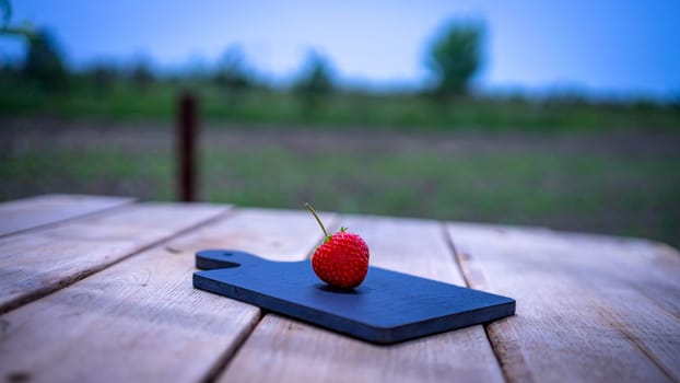 Close up of one strawberry on small black cutting board isolated outdoor on wooden table.