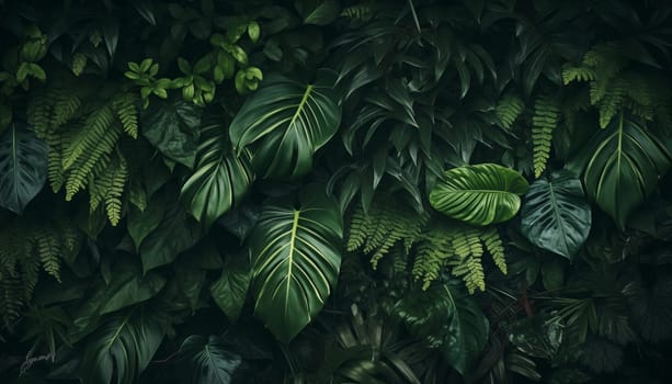 Tropical leaves dark green foliage in jungle nature. High quality photo