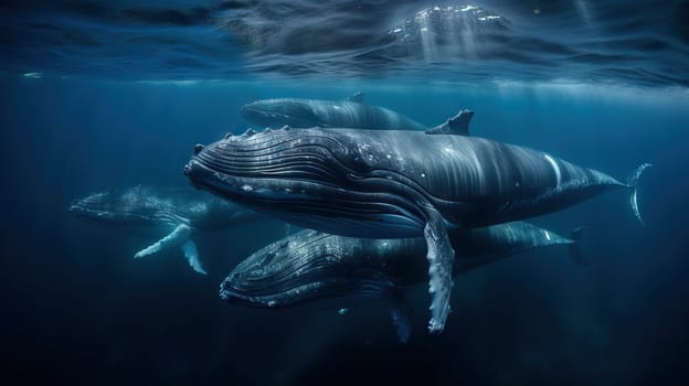 A pod of humpback whales gracefully swimming in the tranquil blue ocean - Generative AI