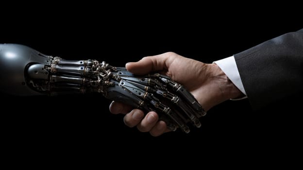 artificial intelligence and human hands doing handshake, ai