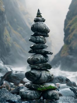 Natural landscape with rocks stacked on rocky beach, under a clear sky. High quality photo