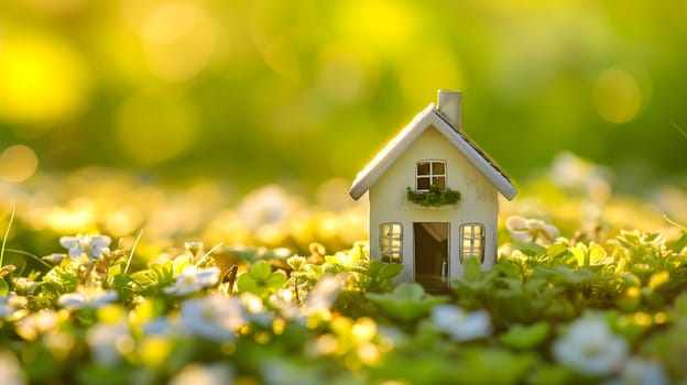 Spring background with a tiny toy house symbolizing family mortgage construction rental and property concepts. Neural network generated image. Not based on any actual person or scene.