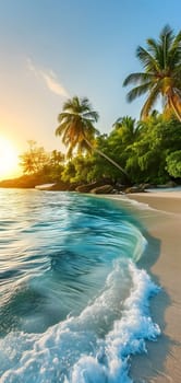 tropical beach view at sunset or sunrise with white sand, turquoise water and palm trees. Neural network generated image. Not based on any actual scene or pattern.