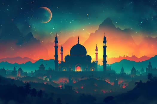 Ramadan mosque with night afterglow sky with crescent. Neural network generated in January 2024. Not based on any actual scene or pattern.