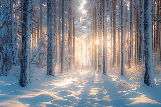 Winter landscape, forest with snow-covered trees and serene atmosphere. AI generated.