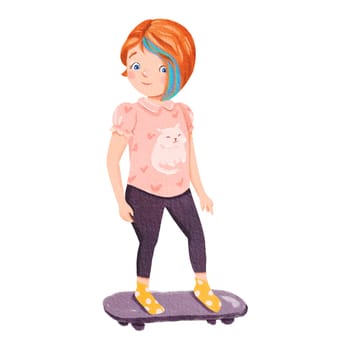 A little girl, wearing a magenta sleeve with a drawing of a skateboarder, is making a gesture while riding her skateboard on a white background