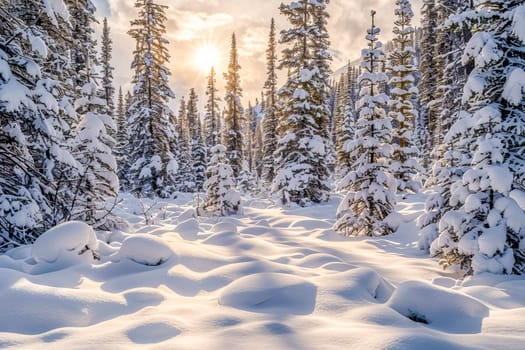 Winter landscape, forest with snow-covered trees and serene atmosphere. AI generated.
