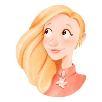 A happy cartoon woman with long blonde hair, wearing a necklace and a peach petal as an earring. Her eyelashes are highlighted in brown, and she is smiling with a joyful gesture in this art drawing