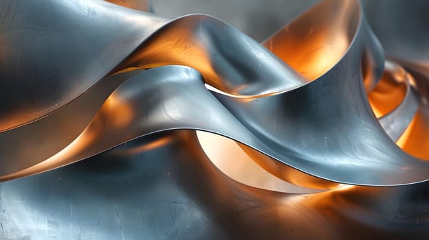 A closeup of a metal object resembling a wave, with a fluid pattern in electric blue. The artistic macro photography captures the liquidlike flow, reminiscent of a glass painting
