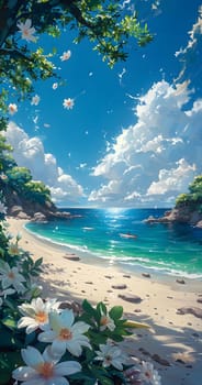 A picturesque natural landscape painting featuring flowers on the beach, azure sky, fluffy clouds, and the tranquil ocean in the background