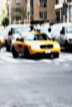 Blur, traffic and taxi in street with city background, landscape and transportation for travel outdoor. Building, cab car driving in road and metro with motion or moving, journey or trip in New York.
