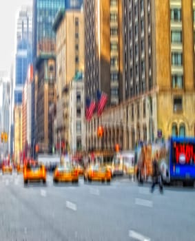 Blur, traffic and taxi in street with city, landscape and transportation background for travel outdoor. Building, cab car driving in road and metro with motion or moving, journey or trip in New York.